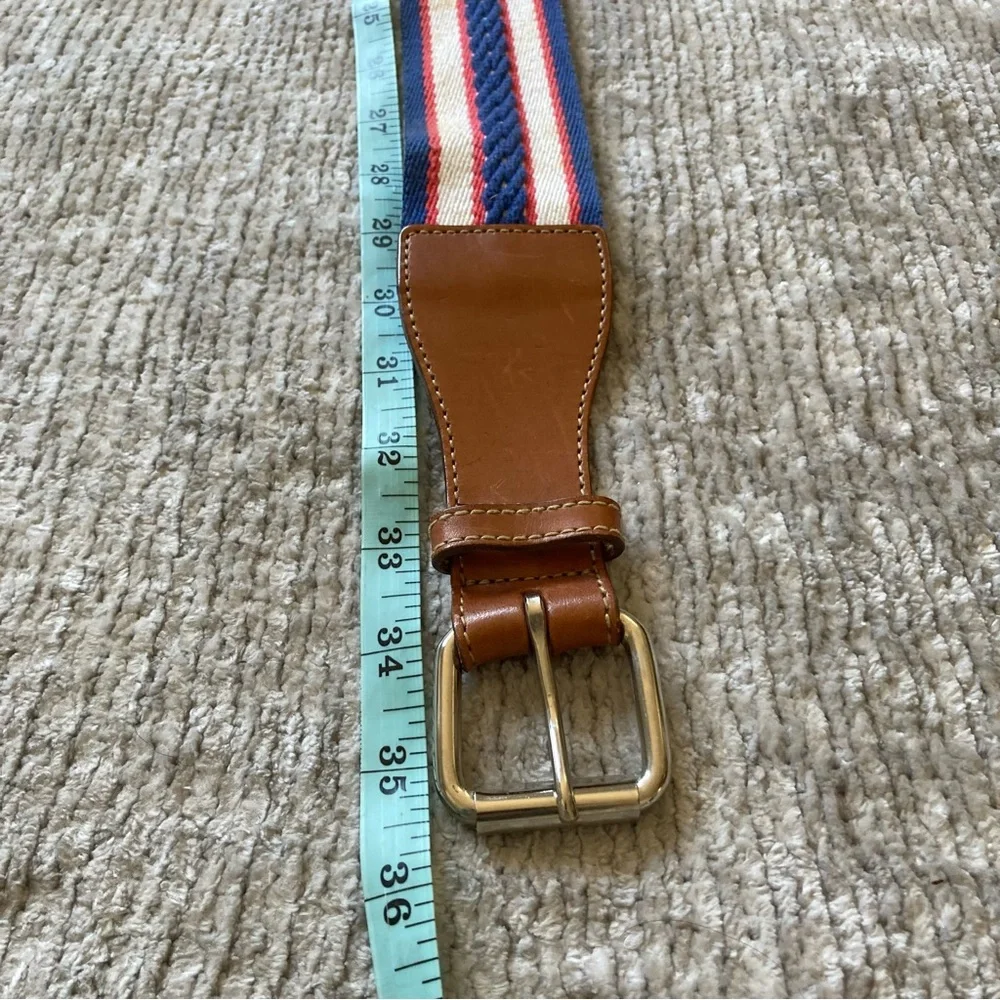 Eddie Bauer Stripe Canvas Leather Belt‎ Large Vintage Americana Red White Blue
